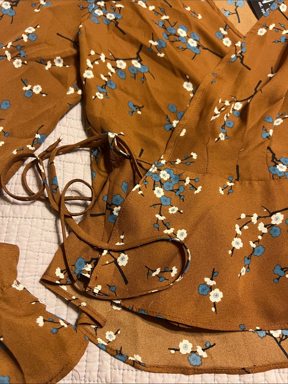 Timing Brown Floral Wrap Blouse with Blue Accents - Picture 3 of 5